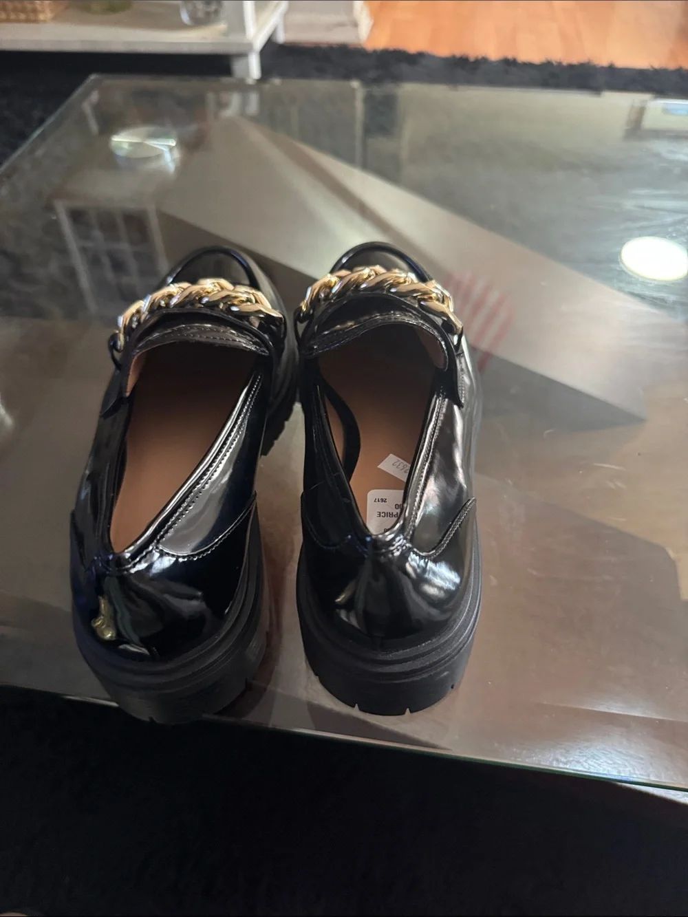 INC International Concepts Black Patent Loafers with Gold Chain